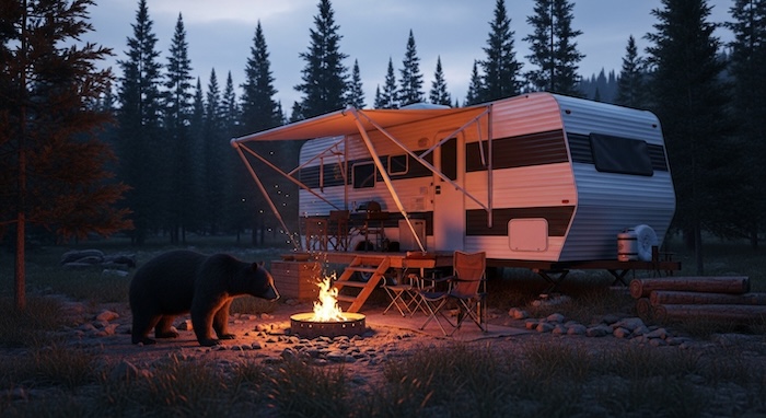 Bear beside trailer at campsite