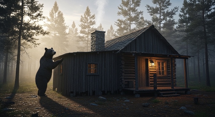 Bear standing outside off grid cabin