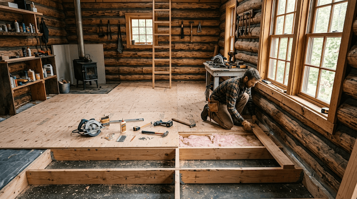 installing floor in a rustic cabin