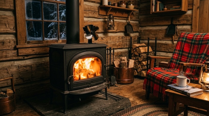 Eco Fan on woodstove in cabin