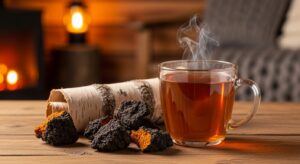 Cup of wild chaga mushroom tea ready to drink