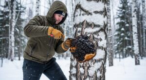 Responsible harvesting of wild chaga mushroom from birch tree