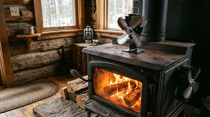 eco fan on top of a woodstove in a rustic cabin