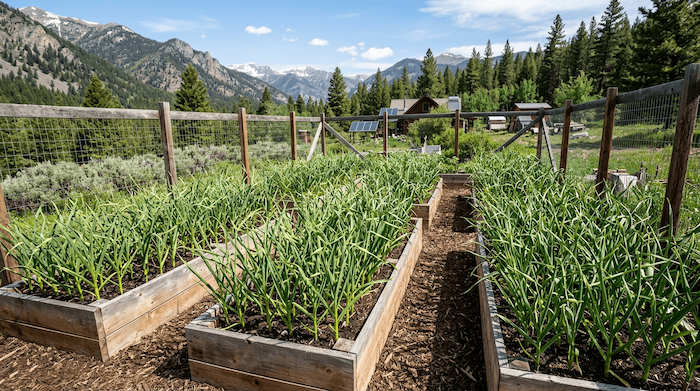 large cedar raised garden beds full of garlic