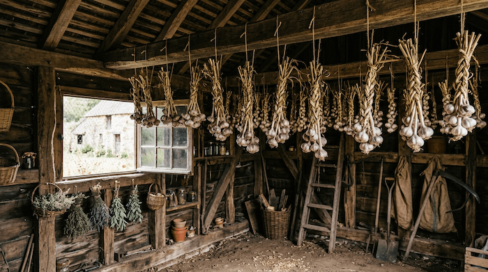 garlic hanging in a shed to cure