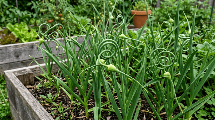 garlic scapes growing from hardneck garlic plants