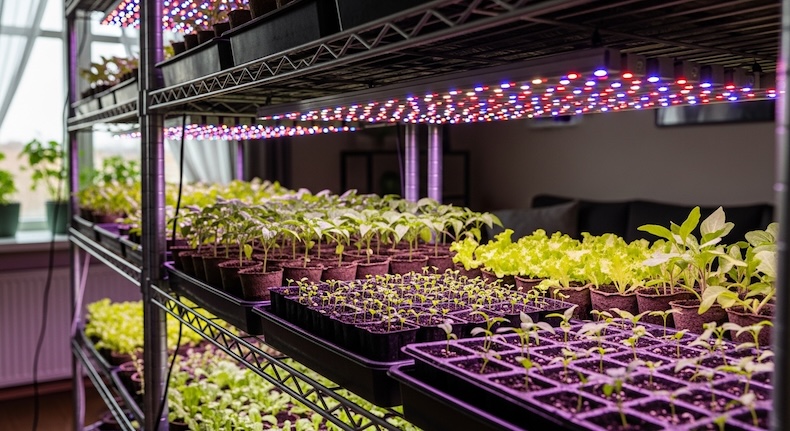 Vegetable seedlings growing indoors under grow lights