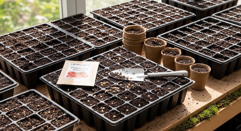 Seed starting trays and peat pots for indoor vegetable seeds