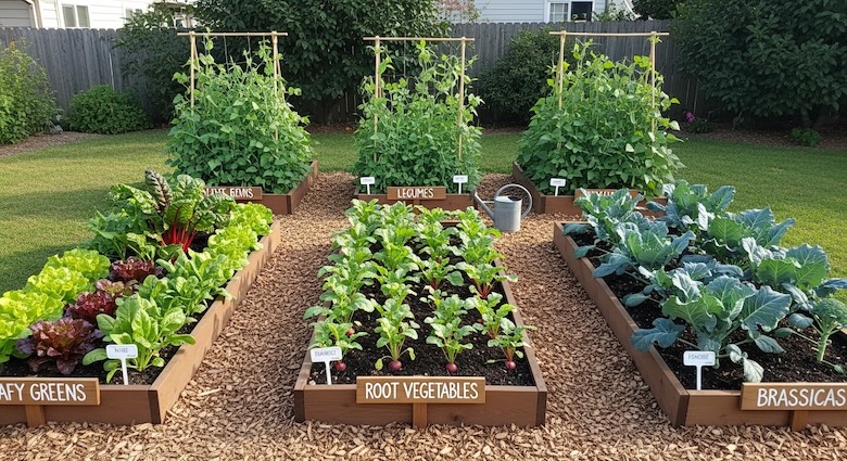 Vegetable crop rotation showing plant families grouped in garden beds
