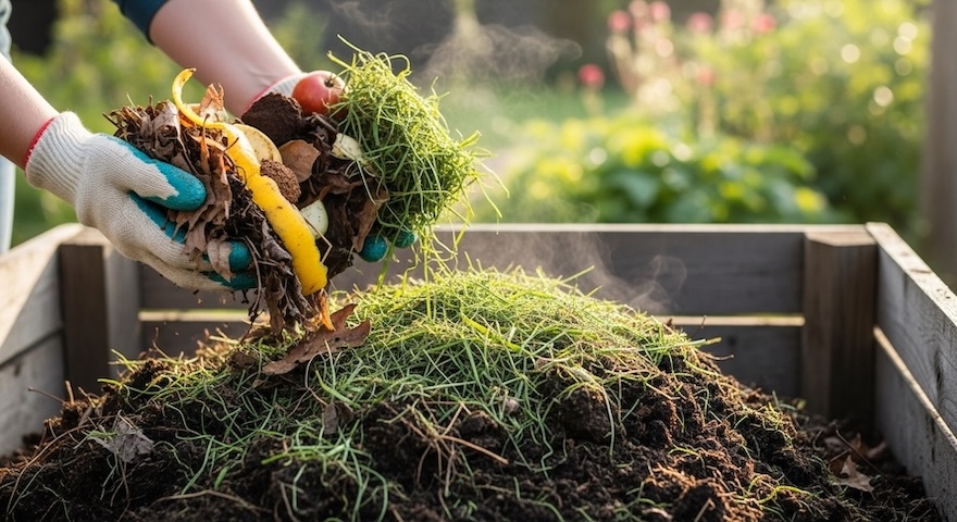 Adding kitchen scraps to an outdoor compost pile