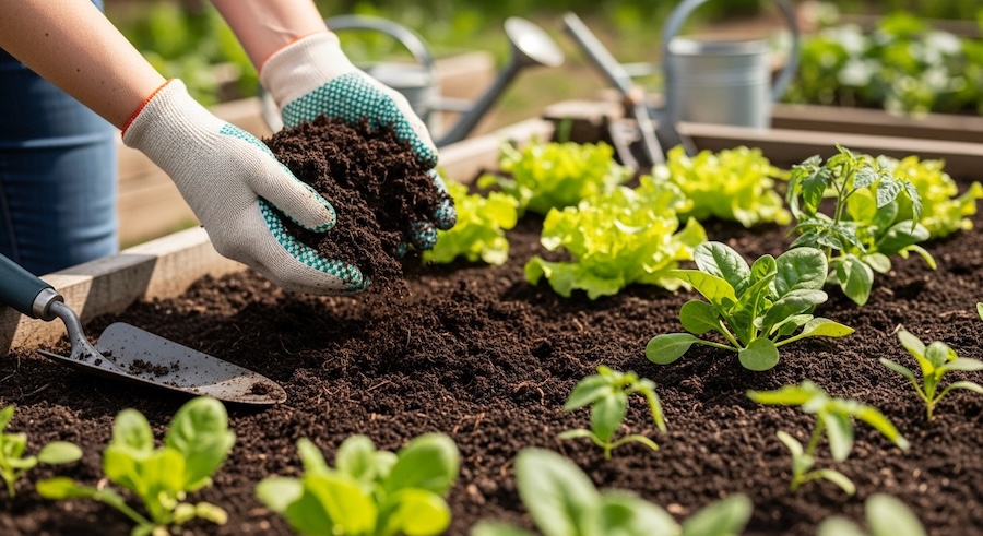 Adding compost to vegetable garden soil for organic gardening