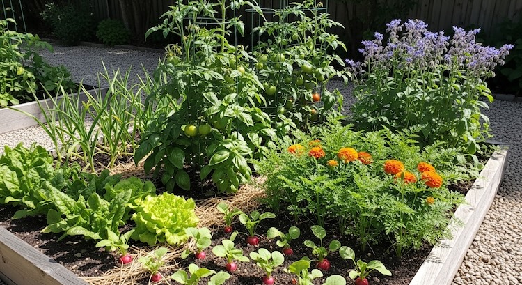 Companion planting vegetables together in a garden bed