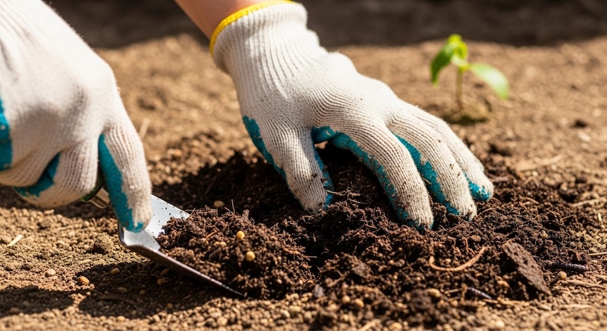 Adding compost to garden soil for organic gardening