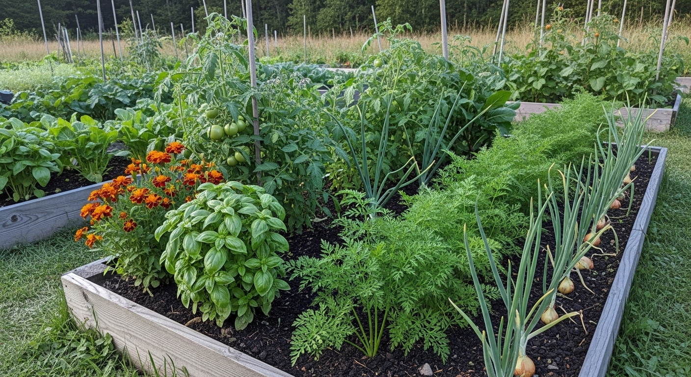 Companion planting in a vegetable garden with tomatoes, basil, marigolds, carrots, and onions growing together
