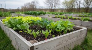 Raised bed vegetable garden in a cooler climate during early growing season