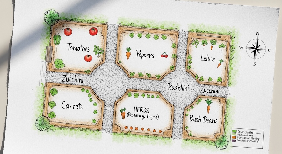 Vegetable garden layout plan drawn on paper for planting
