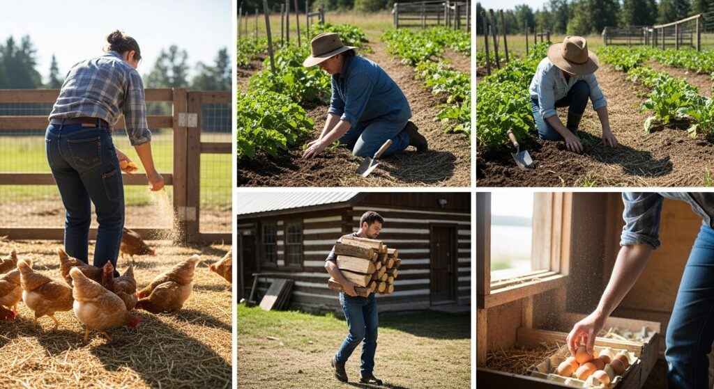 Daily chores and hard work involved in homesteading life