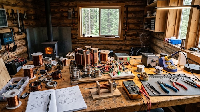 dyi electronics workshop with tools all over table