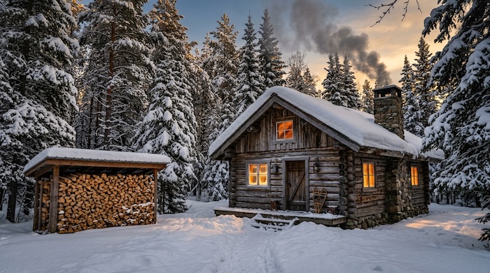 log cabin in snow with full wood shed