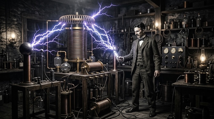 nilola Tesla in his labratory