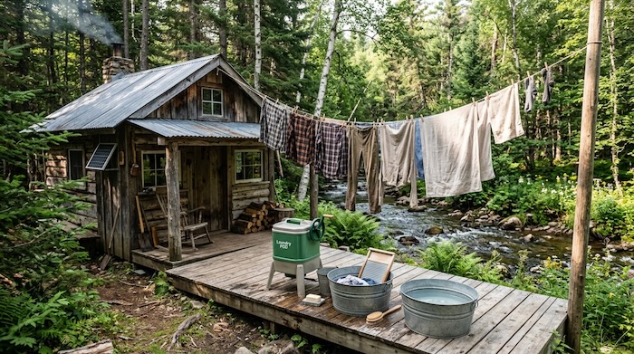 cabin beside creek with laundry on line