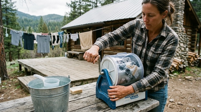 woman washing clothes with a hand crank washing machine
