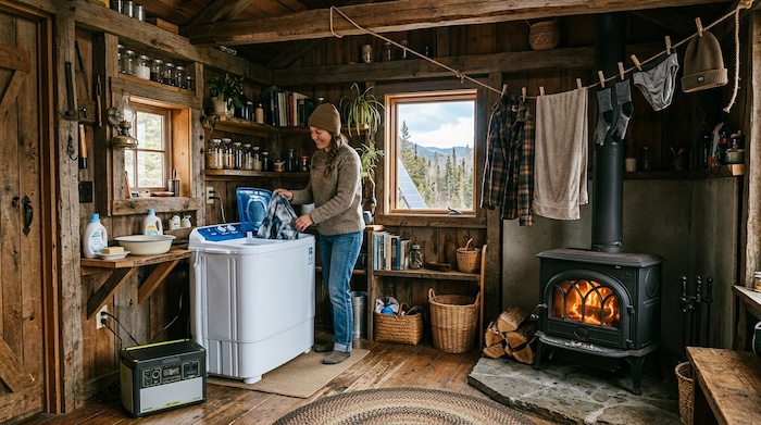 washing cloths in an off grid cabin