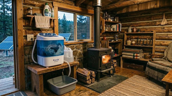 portable washing machine in rustic cabin
