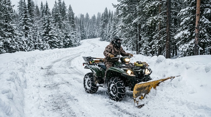 using an atv and plow to snow plow driveway