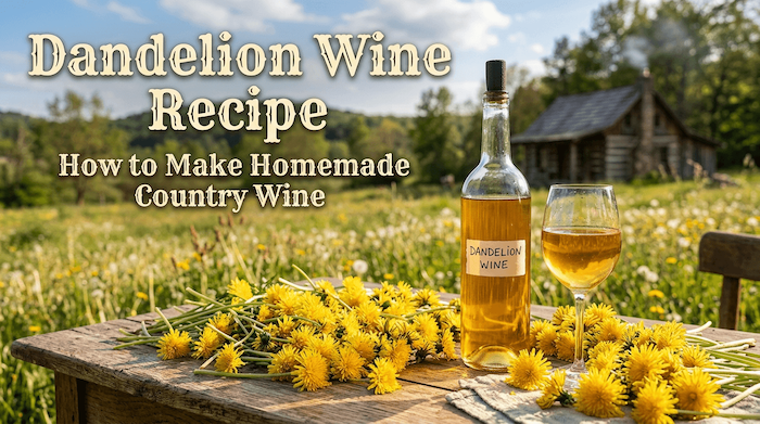 dandelion blossoms and a bottle of dandelion wine on a table