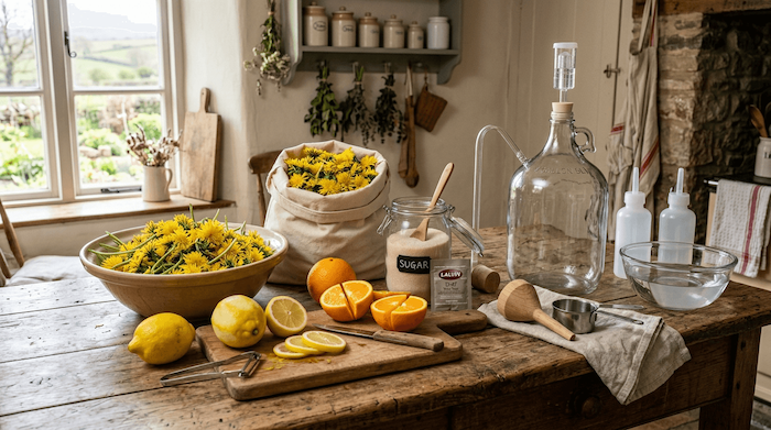 ingredients needed to make dandelion wine