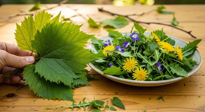 edible greens on plate in off gride cabin