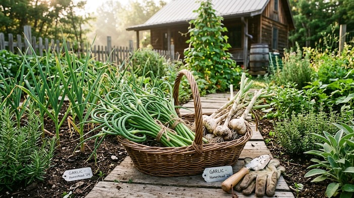 garlic scapes in basket by vegetable garden