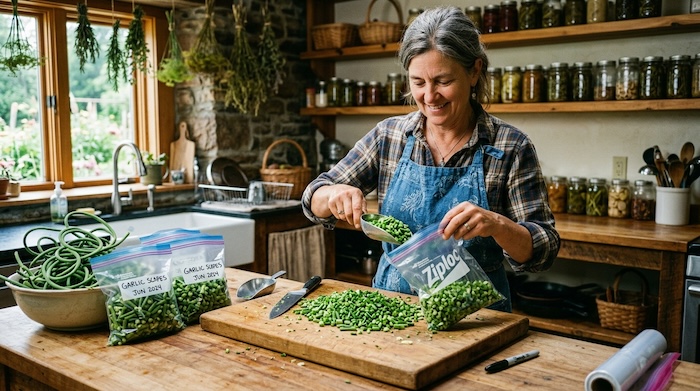 chopping garlic scapes and putting in bags to go in freezer