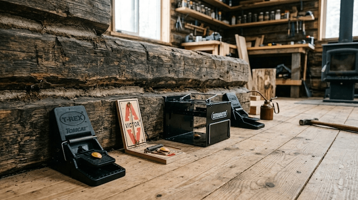 several rat and mouse traps set in a row