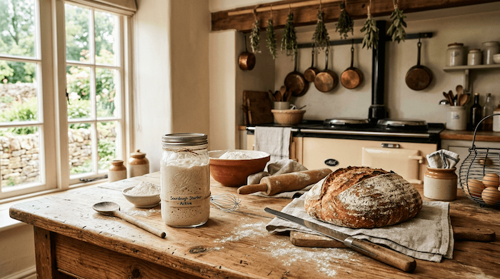 sour dough starter with bread on table