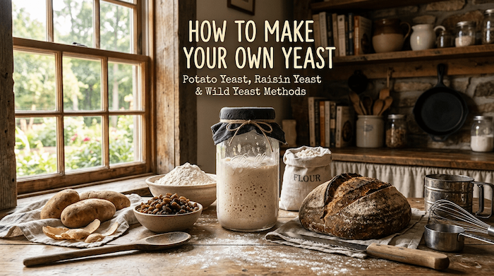 Rustic homestead kitchen scene featuring a large glass mason jar filled with bubbling homemade yeast