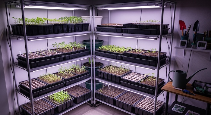 seeds growing under grow lights indoors
