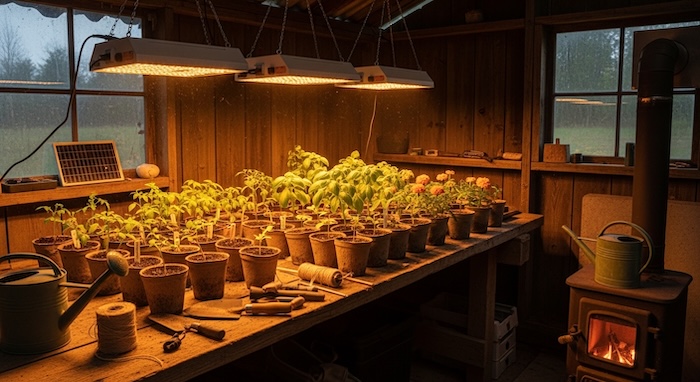 Seedlings growing in peat pots under warm grow lights