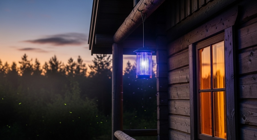 Electric mosquito zapper near cabin porch at night