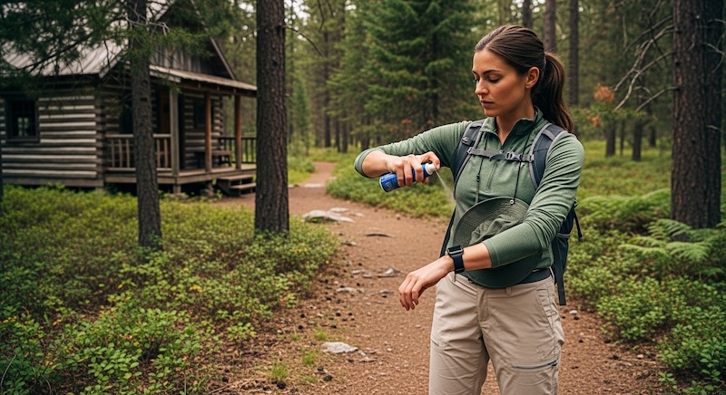 Applying mosquito repellent spray before hiking in forest