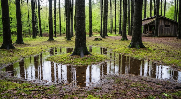 Standing water near off-grid cabin after wet spring contributing to mosquitoes