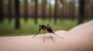Mosquito landing on exposed skin outdoors in wooded area