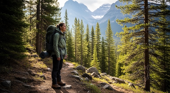 Hiker on a forest trail in bear country preparing for safe hiking