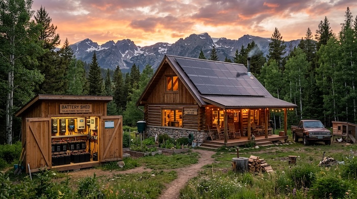 off grid cabin with solar power and battery shed