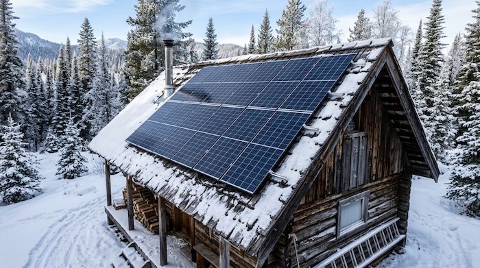 solar panels on roof of an off grid cabin in the forest