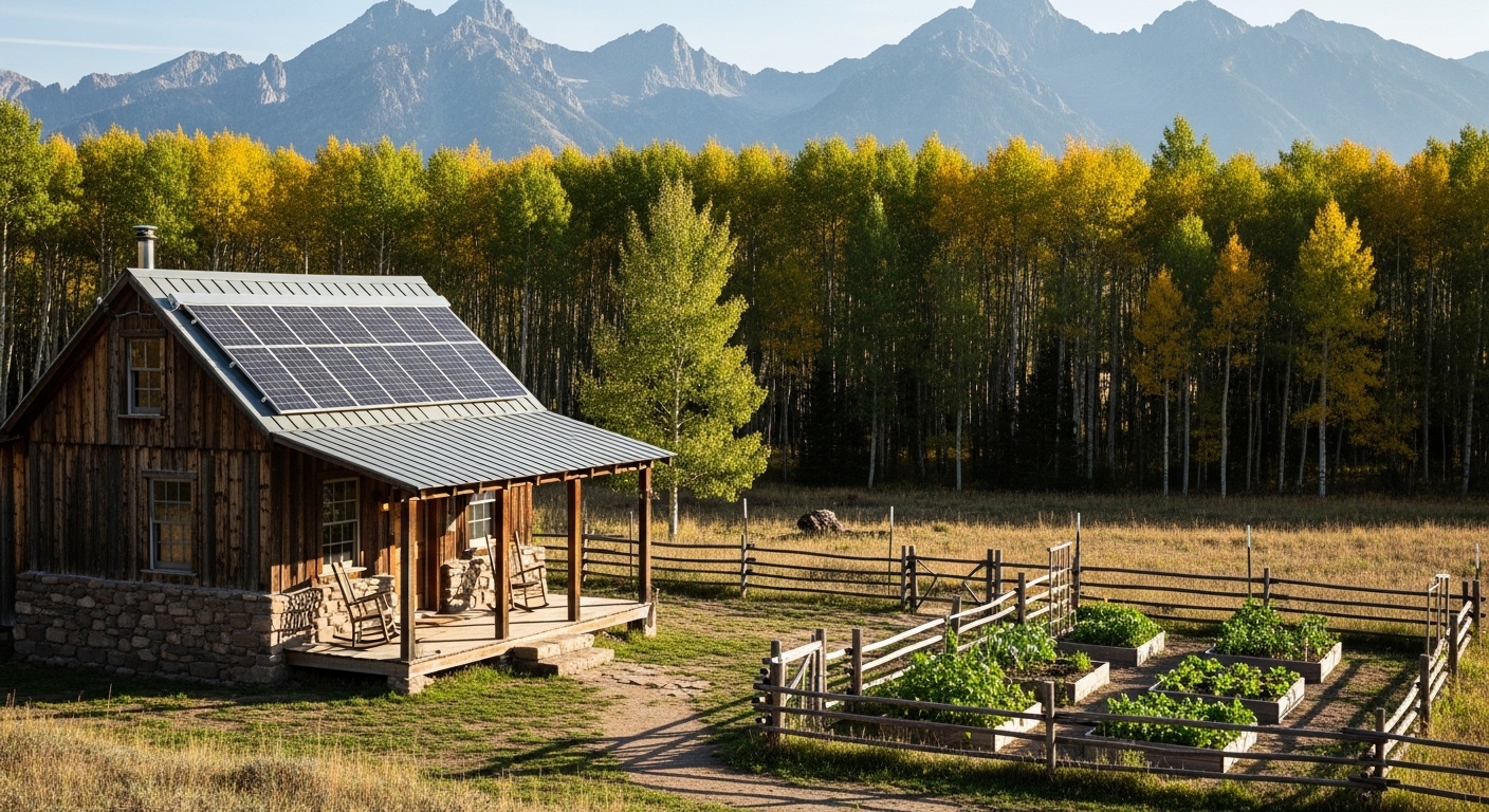 Off-grid cabin in a rural American landscape with solar power and garden