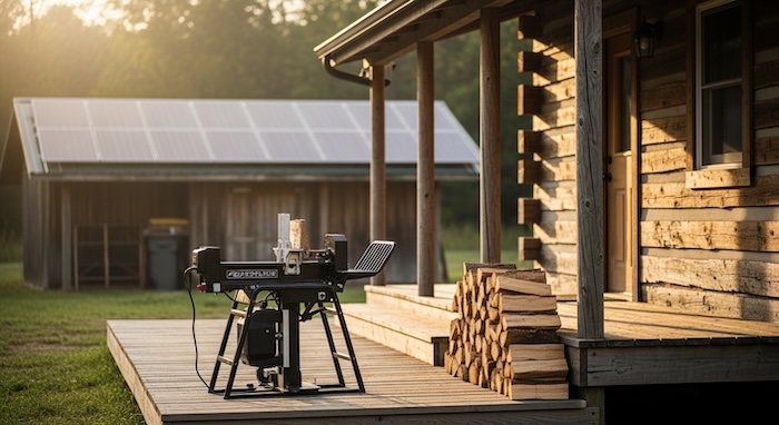 Electric log splitter outside a cabin