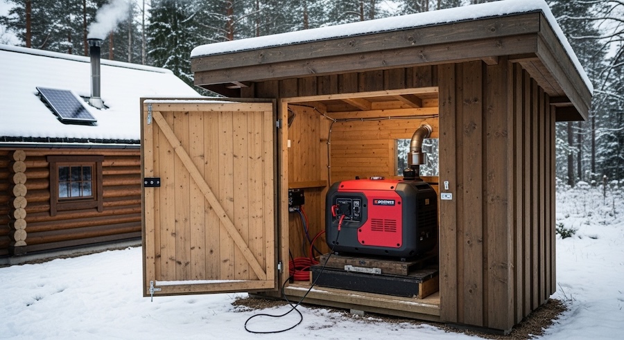 Generator backup power setup for an off-grid cabin during winter