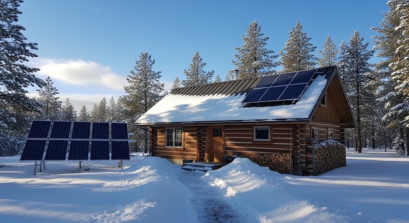 Solar power system for an off-grid cabin using roof and ground-mounted solar panels